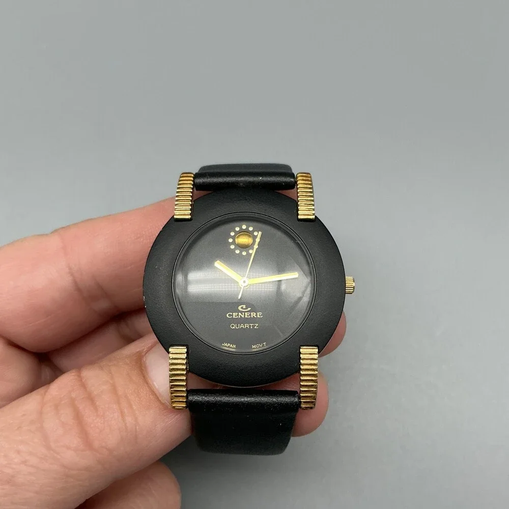 Vintage Cenere Mens Watch 34mm Black Dial Gold Tone Lugs Leather New Battery